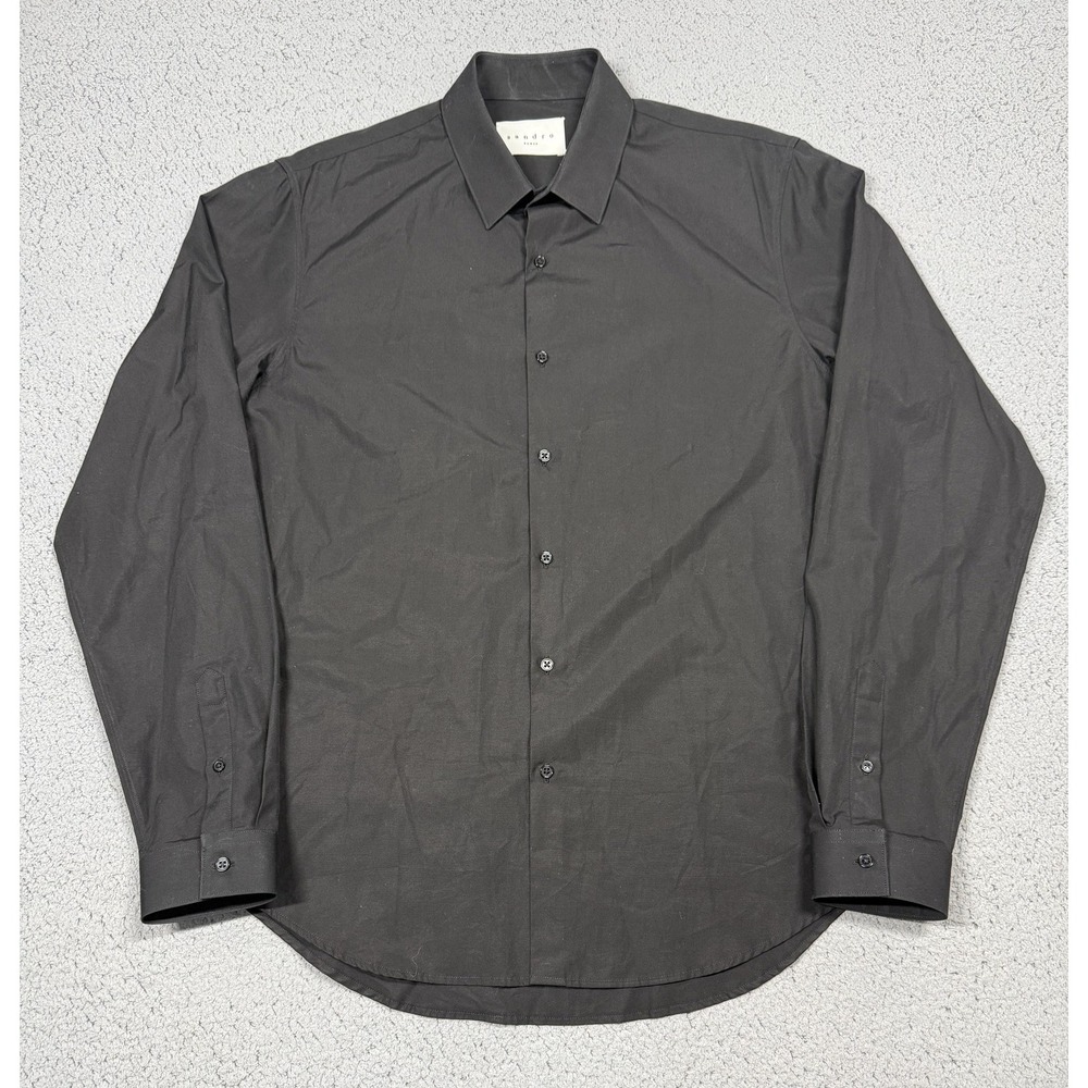 Sandro Dress Shirt Mens 16 Black Solid Regular Fit Long Sleeve Button‎ Front